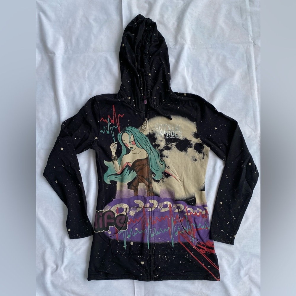 Vntg Y2K Crystal Rock Night Life Zip Up Hoodie By Christian Audigier size Medium